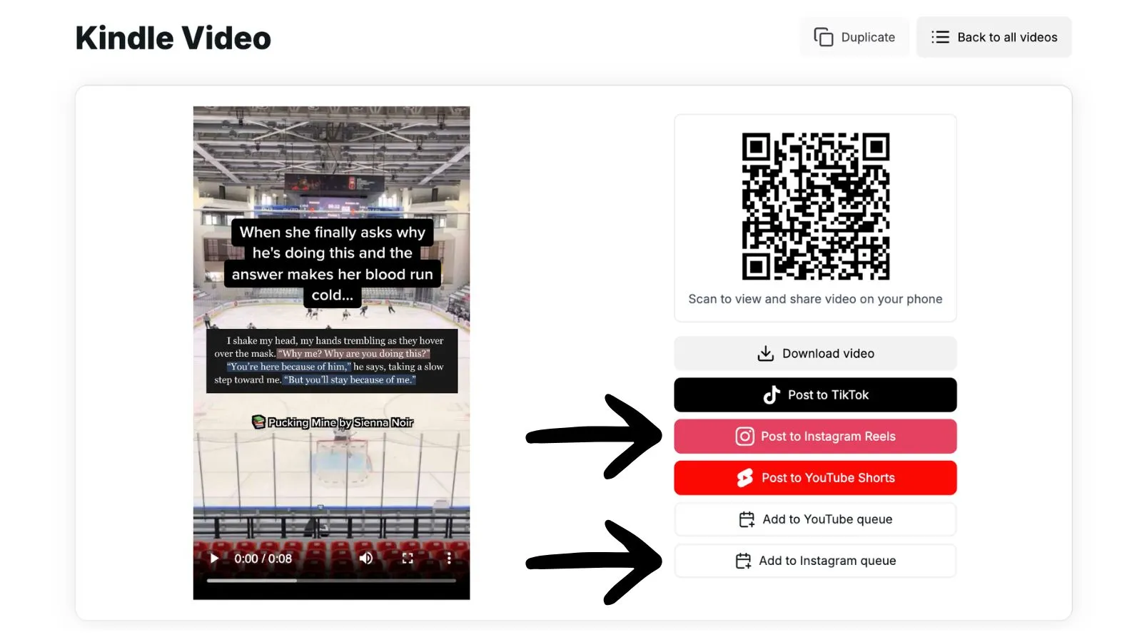 The AuthorScale result page showing options to post a rendered video to TikTok, Instagram Reels, or YouTube Shorts, or add it to the Instagram or YouTube queue