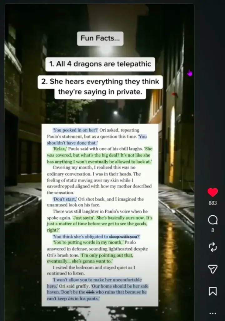 Rachel Jonas trial reel with the hook "Fun facts: 1. All 4 dragons are telepathic. 2. She hears everything they think they're saying in private." over a Kindle screenshot
